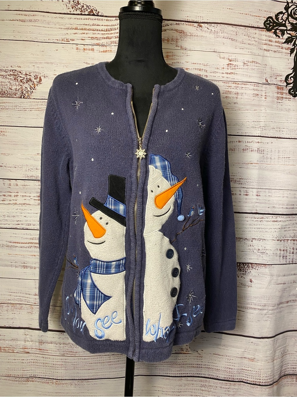 Bechamel Navy Snowman Zip Cardigan with Orange Accents Sz-L